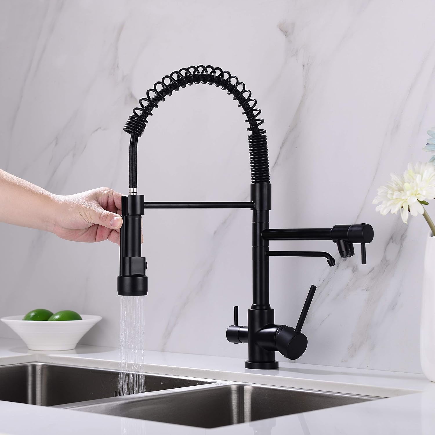 Kitchen Faucet,3 Way Drinking Water Faucet, Modern Kitchen Faucet with Pull down Sprayer, Dual Handles Kitchen Sink Faucets,3 in 1 High Arc Water Filter Purifier Faucets Matte Black