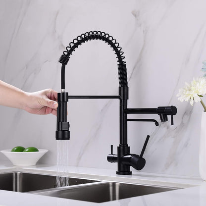 Kitchen Faucet,3 Way Drinking Water Faucet, Modern Kitchen Faucet with Pull down Sprayer, Dual Handles Kitchen Sink Faucets,3 in 1 High Arc Water Filter Purifier Faucets Matte Black