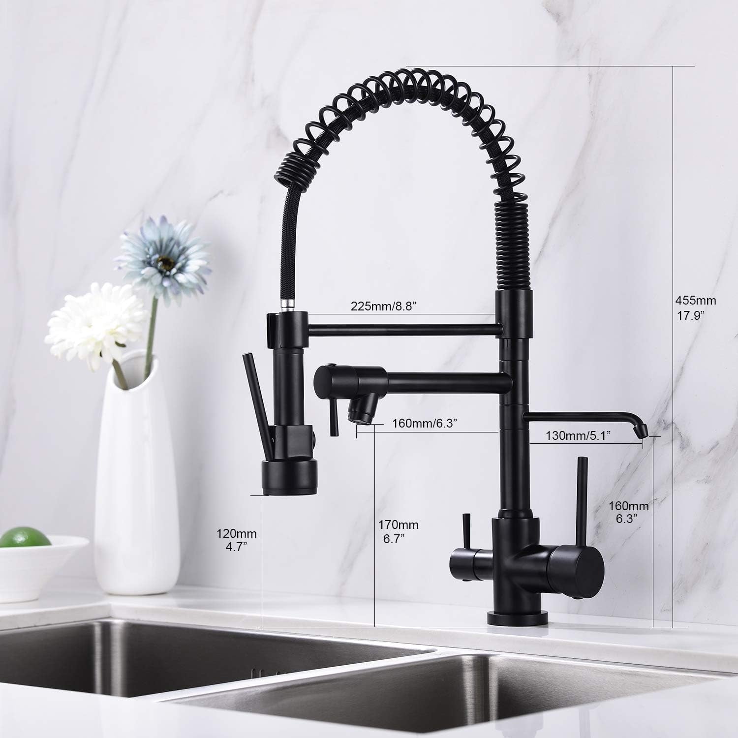 Kitchen Faucet,3 Way Drinking Water Faucet, Modern Kitchen Faucet with Pull down Sprayer, Dual Handles Kitchen Sink Faucets,3 in 1 High Arc Water Filter Purifier Faucets Matte Black