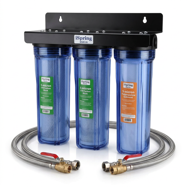 3-Stage Whole House Water Filtration System W/ 3/4 In. Push-Fit Stainless Steel Hose Connectors and Ball Valve — Studio Shot