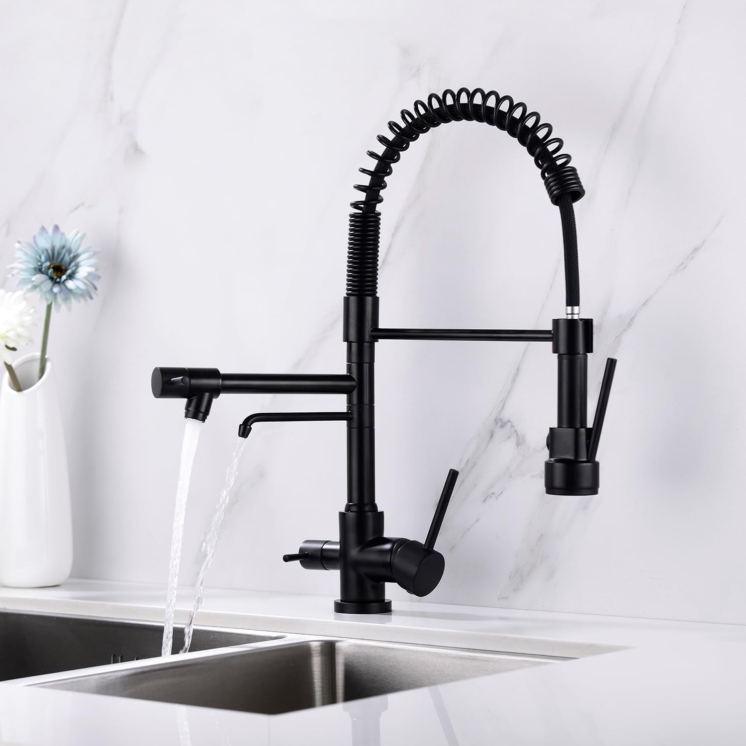Kitchen Faucet,3 Way Drinking Water Faucet, Modern Kitchen Faucet with Pull down Sprayer, Dual Handles Kitchen Sink Faucets,3 in 1 High Arc Water Filter Purifier Faucets Matte Black