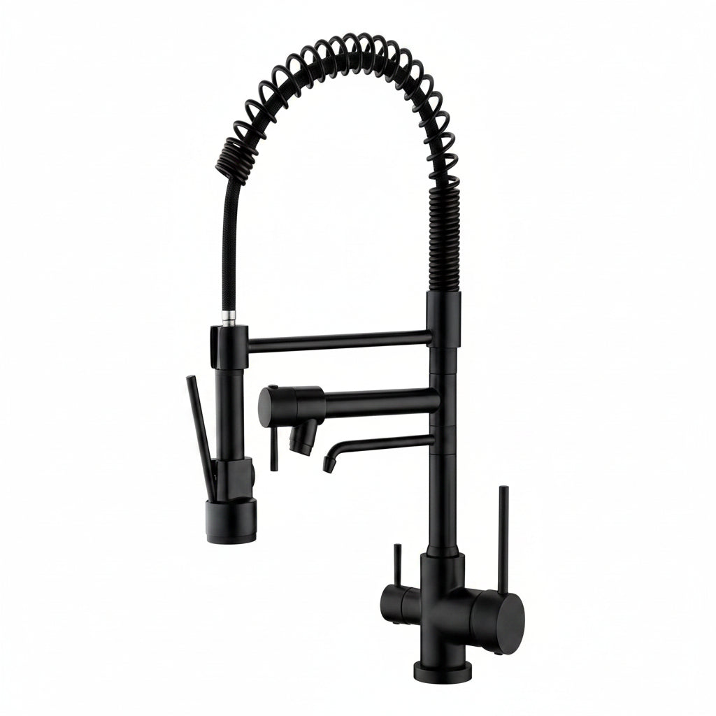 Kitchen Faucet,3 Way Drinking Water Faucet, Modern Kitchen Faucet with Pull down Sprayer, Dual Handles Kitchen Sink Faucets,3 in 1 High Arc Water Filter Purifier Faucets Matte Black
