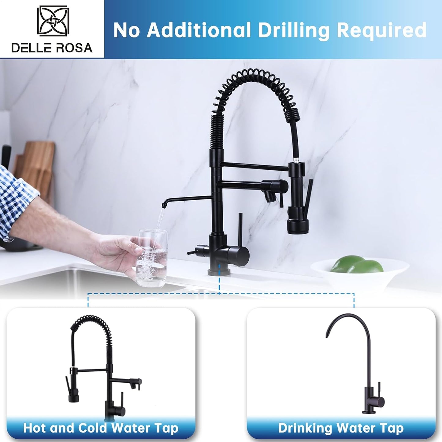 Kitchen Faucet,3 Way Drinking Water Faucet, Modern Kitchen Faucet with Pull down Sprayer, Dual Handles Kitchen Sink Faucets,3 in 1 High Arc Water Filter Purifier Faucets Matte Black