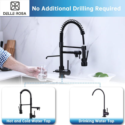 Kitchen Faucet,3 Way Drinking Water Faucet, Modern Kitchen Faucet with Pull down Sprayer, Dual Handles Kitchen Sink Faucets,3 in 1 High Arc Water Filter Purifier Faucets Matte Black