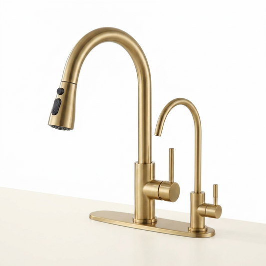 Kitchen Faucet and Water Filter Faucet Combo,  Stainless Steel Kitchen Sink Faucet with Drinking Water Faucet for Reverse Osmosis or Water Filtration System, Brushed Gold — Studio Shot