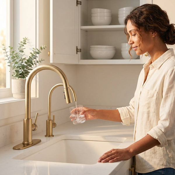Kitchen Faucet Water Filter Combo Designed for RO Systems, Pull-Down Sprayer, 360-Degree Swivel, Brushed Gold
